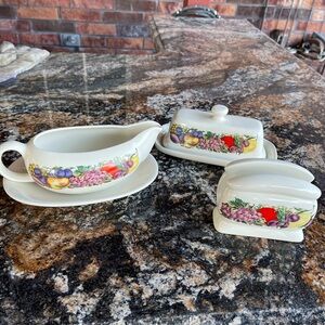 Floral Ceramic Gravy Boat and Butter Dish Set